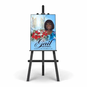 Celebration of Life Poster displayed on easel with heavenly gates, red roses and memorial portrait