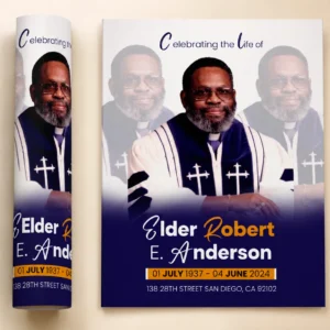 Church Memorial Flyer with clergy portrait, navy blue and gold styling, memorial dates and service details