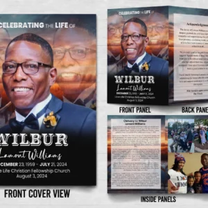 Custom Funeral Program Design with personalized memorial portrait, celebration of life heading and funeral service details