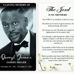 Custom Funeral Remembrance Card with memorial portrait, In Loving Memory wording and Psalm 23 scripture