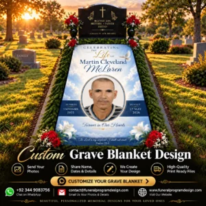 Custom Grave Blanket Design with personalized memorial portrait, flowers, scripture and cemetery tribute artwork
