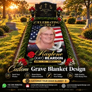 Custom Memorial Cemetery Cover with personalized memorial portrait, doves, flowers and remembrance dates