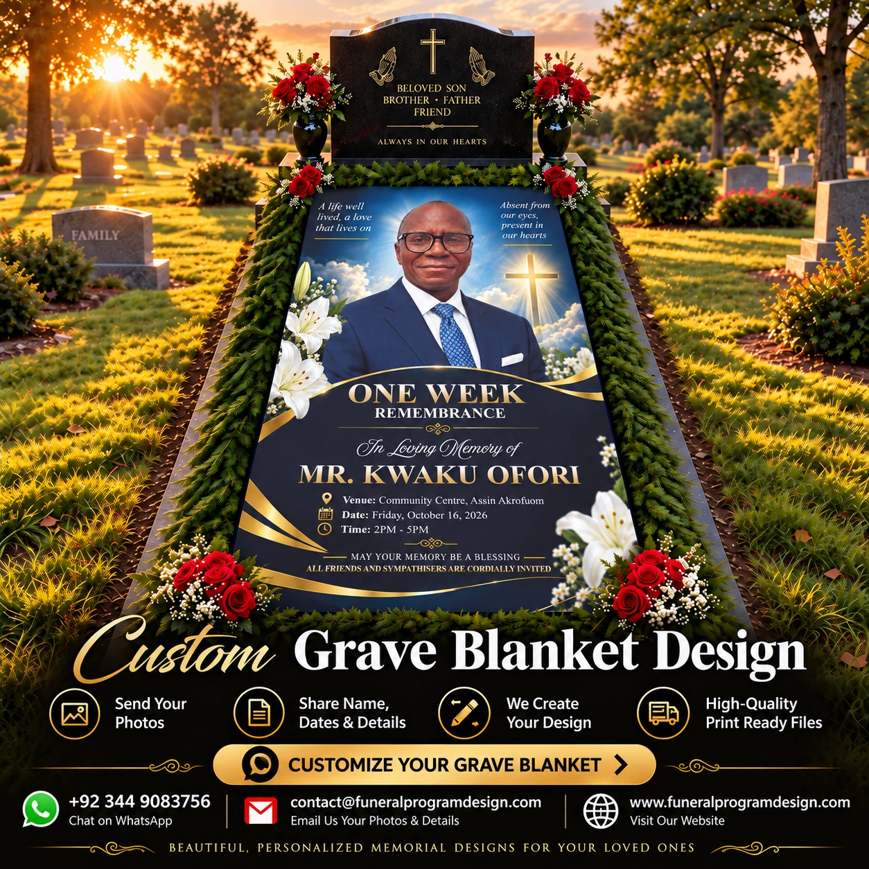 Custom Memorial Grave Cover with personalized portrait, remembrance event details, lilies, cross and cemetery tribute design