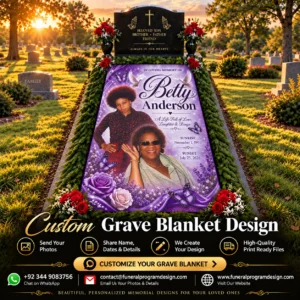 Custom Photo Grave Blanket with personalized memorial portraits, purple flowers, butterflies, doves and remembrance dates