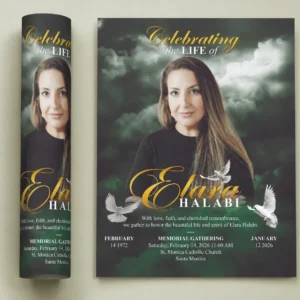Memorial Gathering Flyer with dark green and gold styling, white doves, memorial portrait and service details