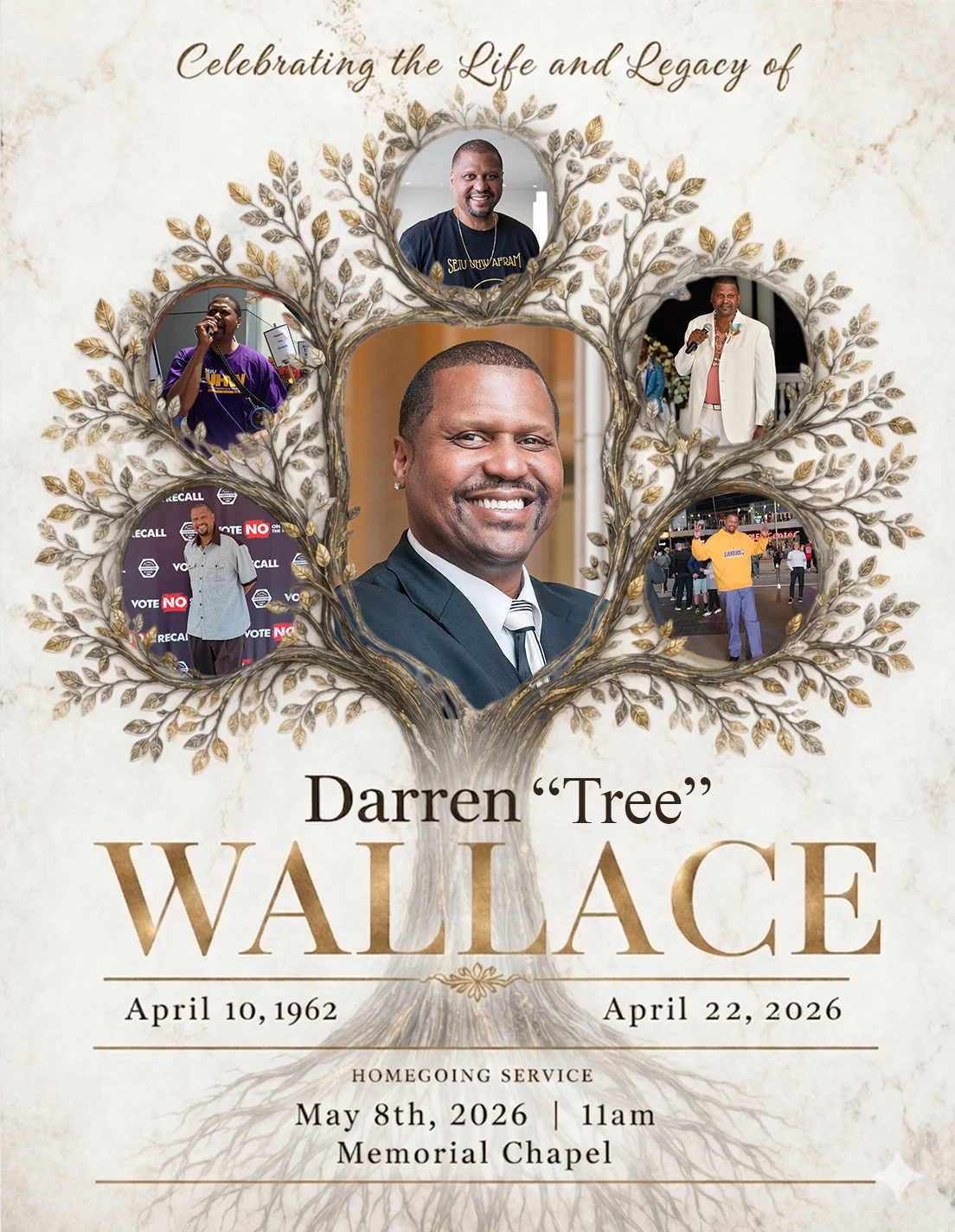 Family tree funeral memorial flyer in beige and gold with multiple photos, memorial portrait, and homegoing service information