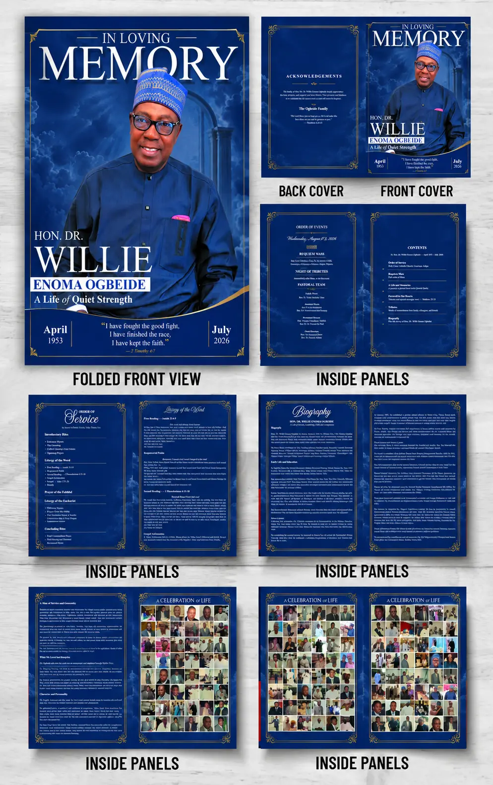 Funeral Mass Booklet with biography, Order of Service, scripture readings and Celebration of Life photo pages