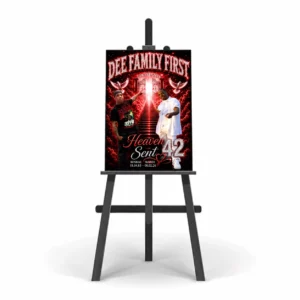 Funeral Poster Board displayed on easel with memorial photos, heavenly gates and red black styling