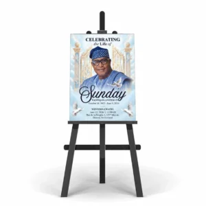 Funeral Poster displayed on easel with memorial portrait, heavenly gates, doves and service details