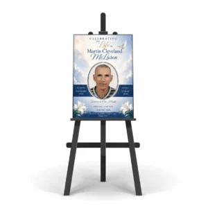 Funeral Welcome Sign displayed on easel with memorial portrait, service details, lilies and dove
