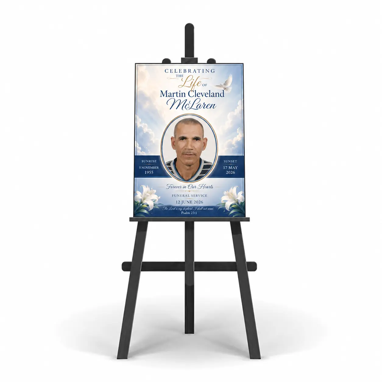 Funeral Welcome Sign displayed on easel with memorial portrait, service details, lilies and dove