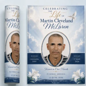 Celebration of Life Flyer with heavenly blue clouds, white dove, lilies and memorial portrait