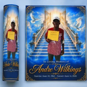 Heavenly In Loving Memory Flyer with blue clouds, golden gates, white doves and memorial portrait