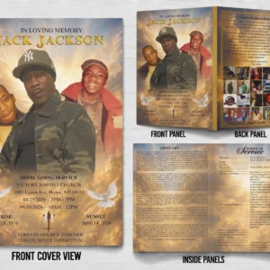 Homegoing Funeral Program with multiple memorial portraits, obituary, Order of Service and acknowledgements
