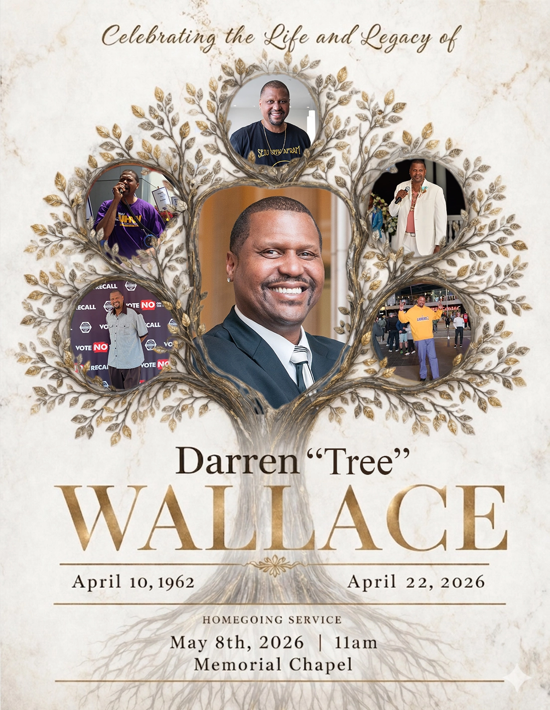 Homegoing Service Poster with memorial portrait, family tree photo layout and service details