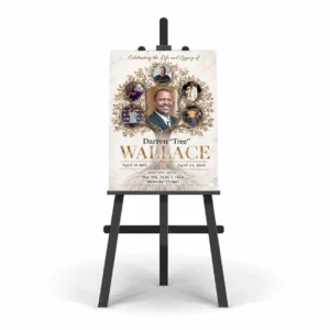 Homegoing Service Poster displayed on easel with memorial portrait, family photos and service details