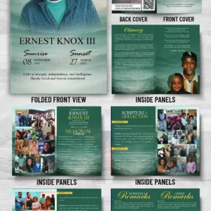 Homegoing Service Program with obituary, memorial schedule, scriptures, family remarks and photo memory pages