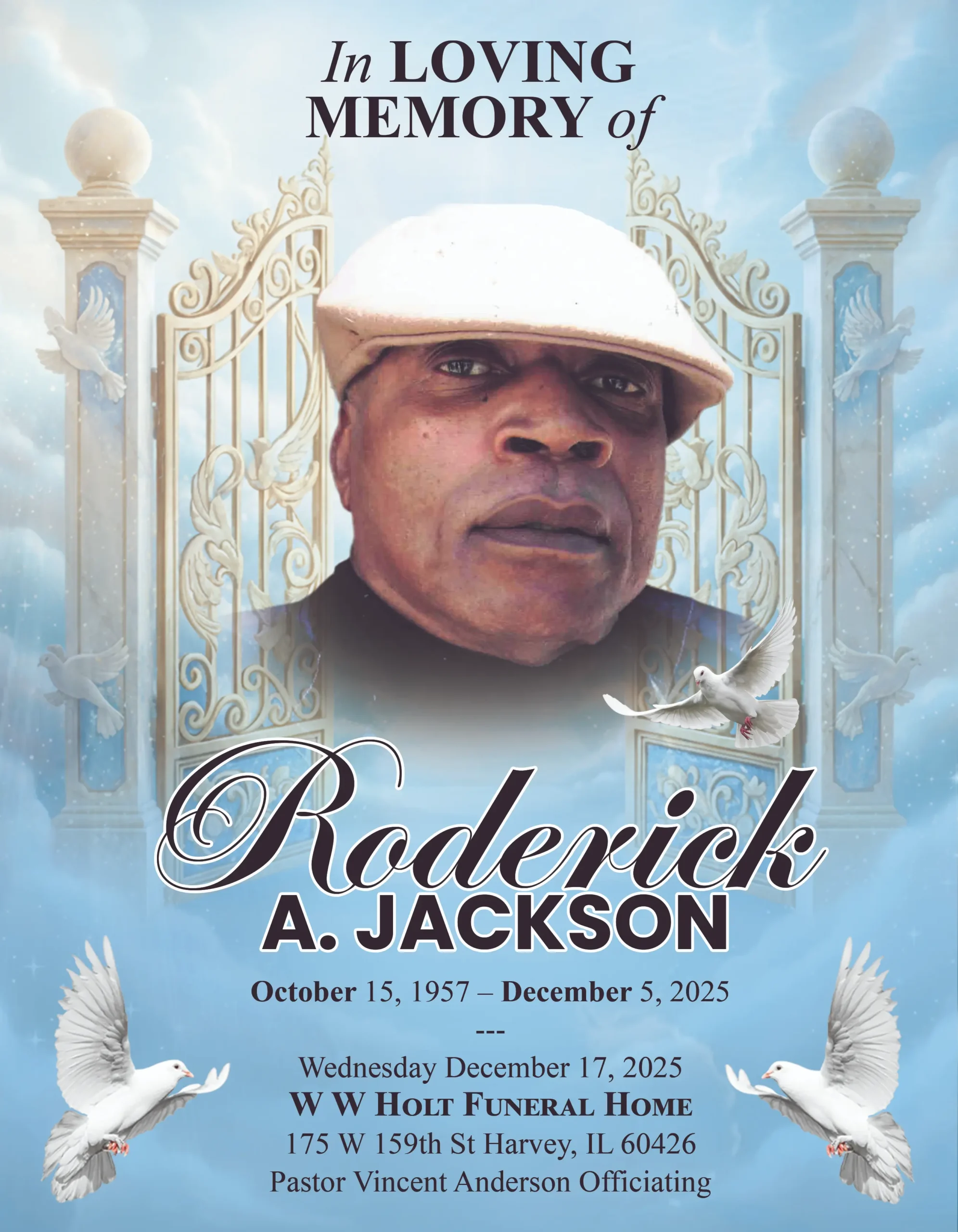 In Loving Memory Funeral Program with personalized portrait, golden heavenly gates, white doves and memorial service details