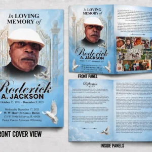 In Loving Memory Funeral Program with heavenly gates, memorial portrait, Reflection of Life and family photo pages