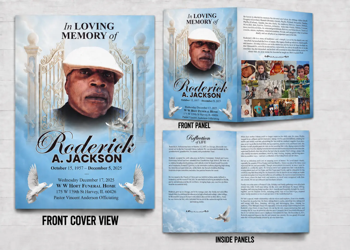 In Loving Memory Funeral Program with heavenly gates, memorial portrait, Reflection of Life and family photo pages