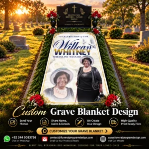 In Loving Memory Grave Blanket with personalized memorial portraits, white roses, doves and remembrance dates