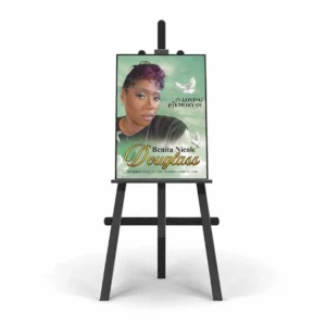 In Loving Memory Poster displayed on easel with memorial portrait, dove and remembrance dates