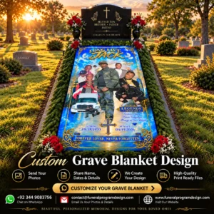 Memorial Grave Blanket Design with multiple family photos, remembrance dates and personalized cemetery tribute