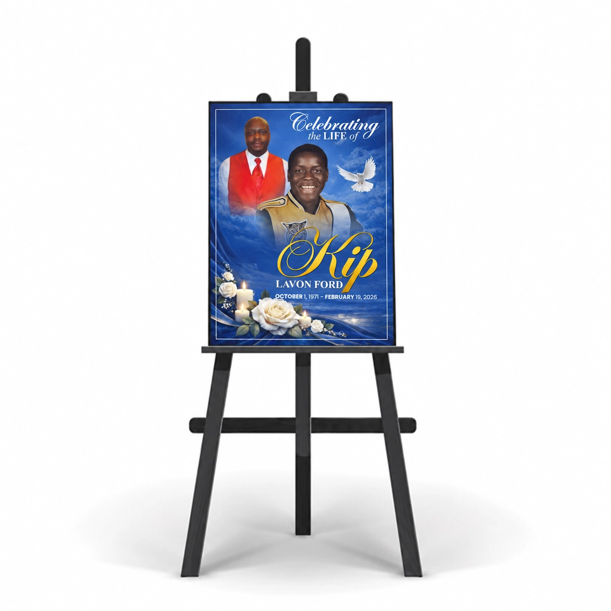 Memorial Photo Board displayed on easel with multiple portraits, blue clouds, dove and floral candles