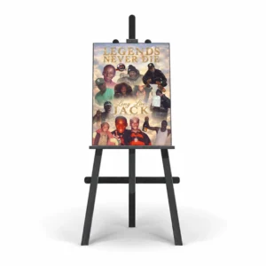 Memorial Poster displayed on easel with multiple tribute photos and Legends Never Die design
