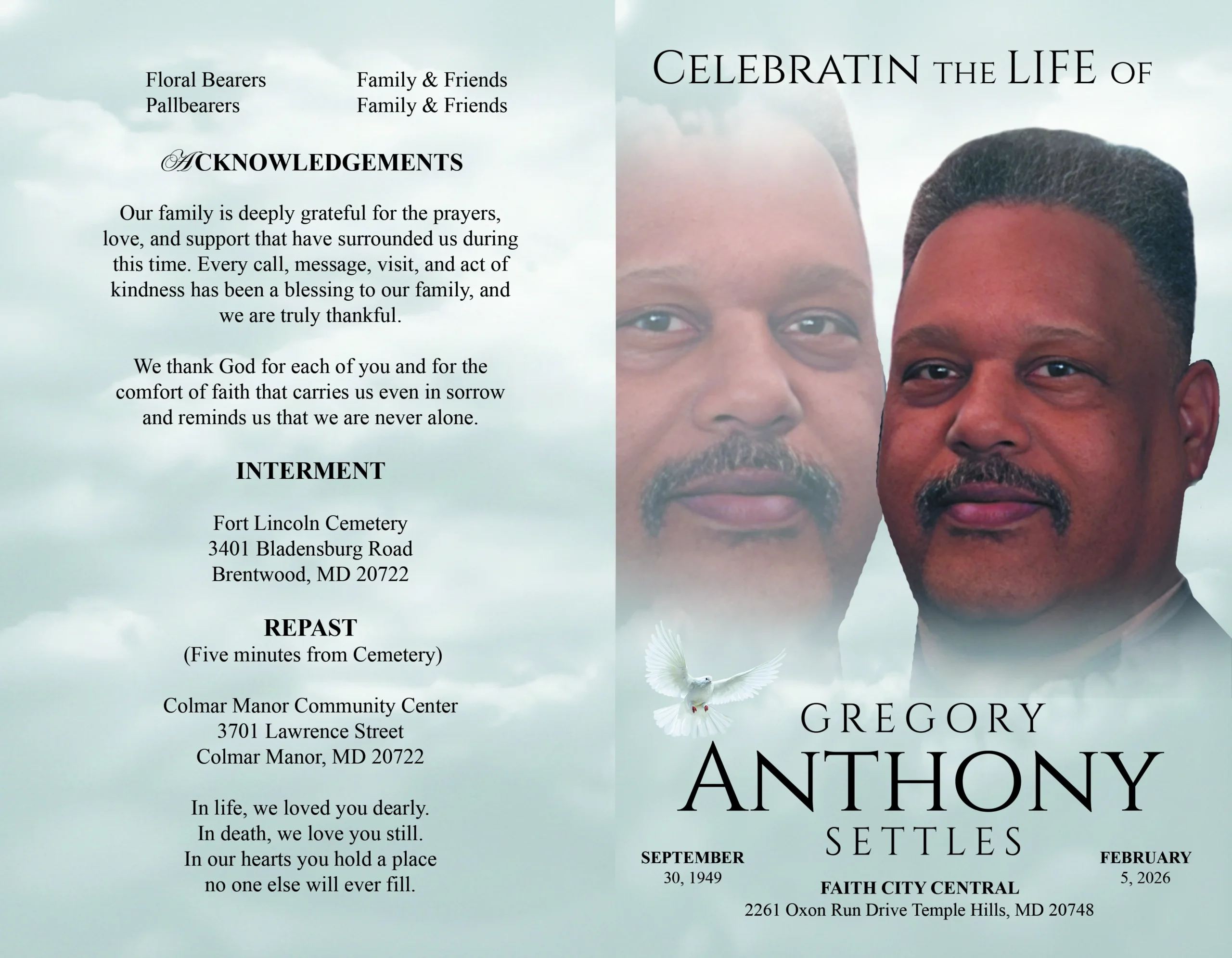 Memorial Service Booklet cover with personalized memorial portrait and service details