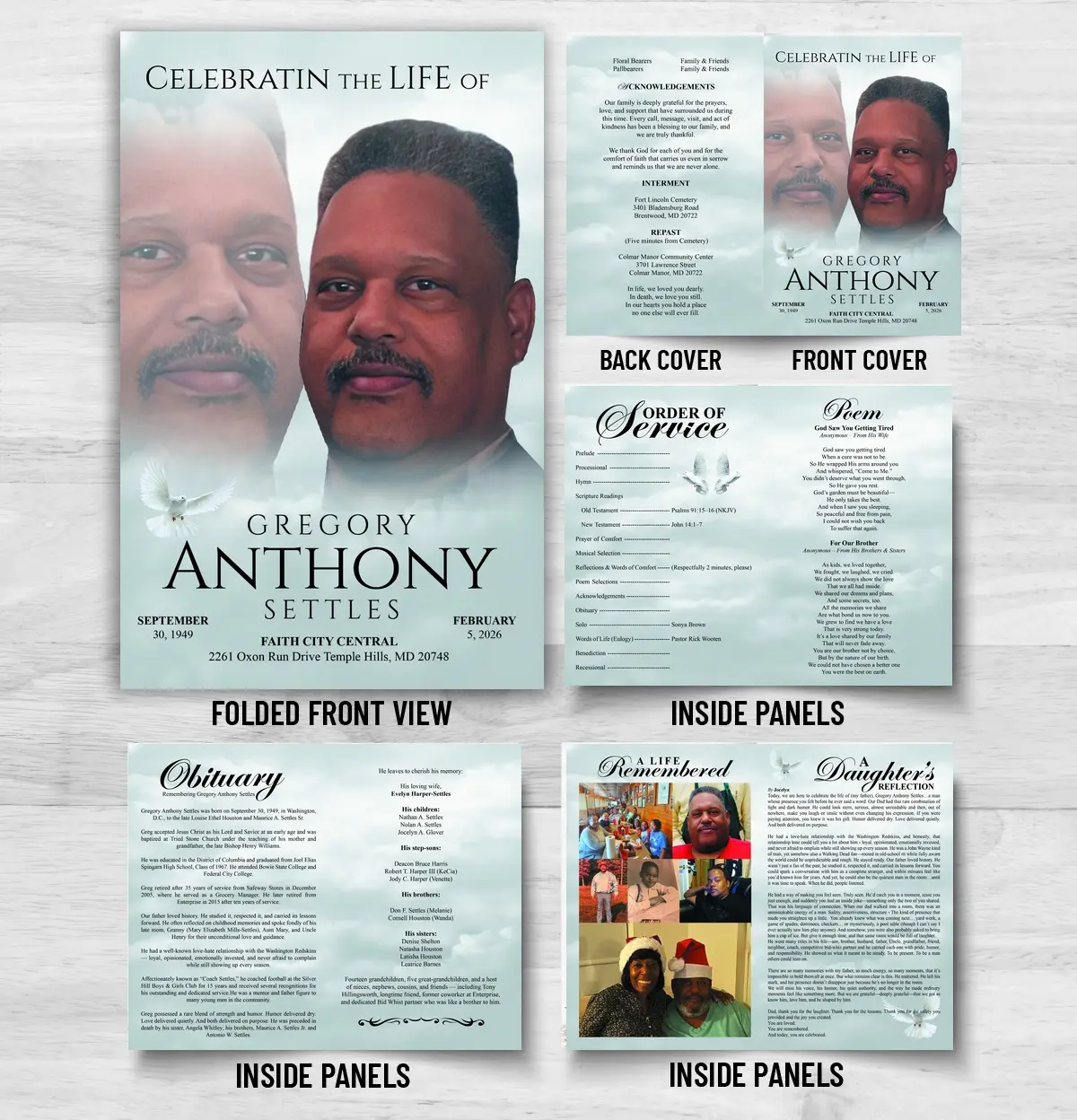 Memorial Service Booklet with obituary, Order of Service, poem, acknowledgements and family memory pages