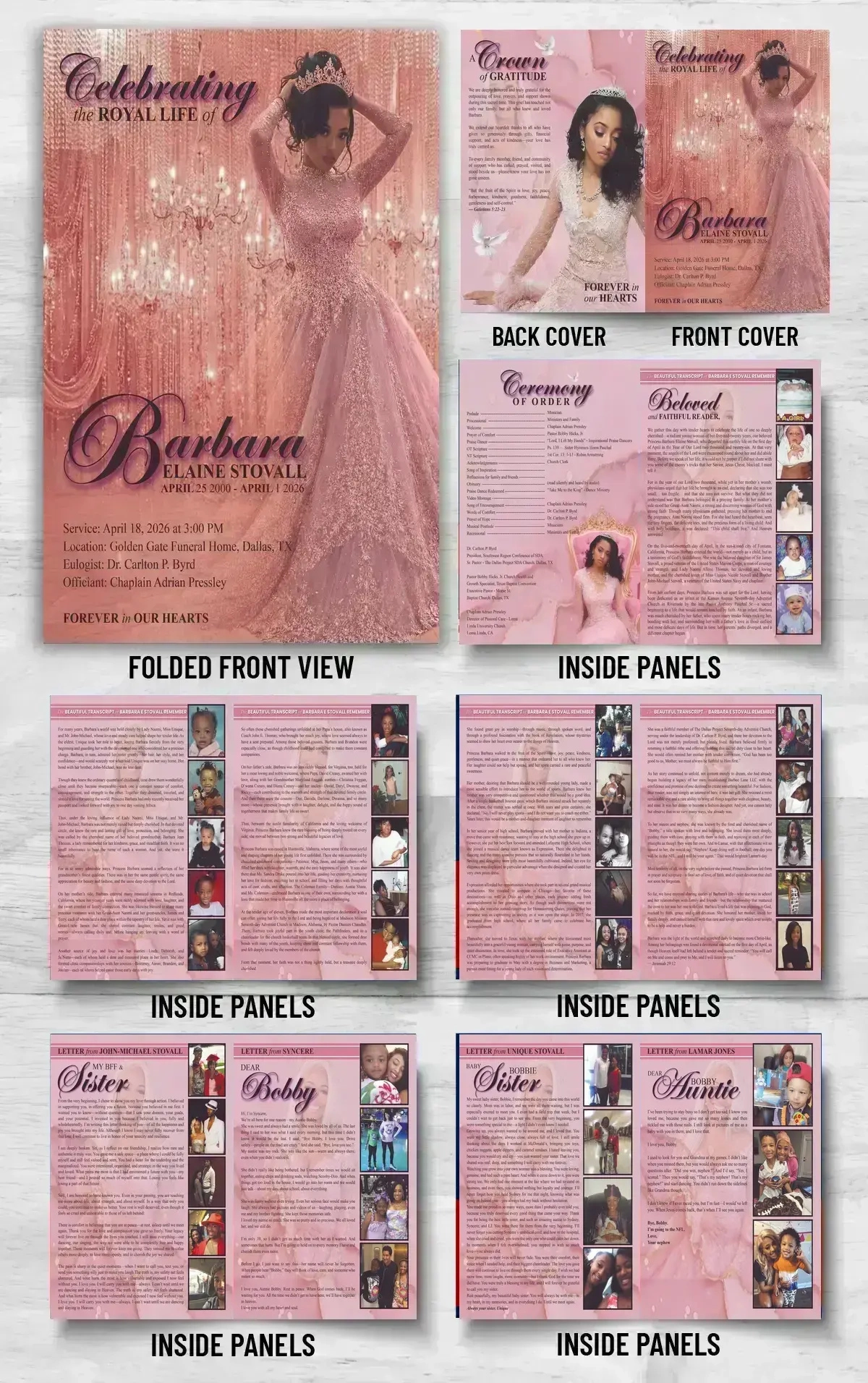Memorial Tribute Booklet with biography, Ceremony Order, family letters and photo memory pages