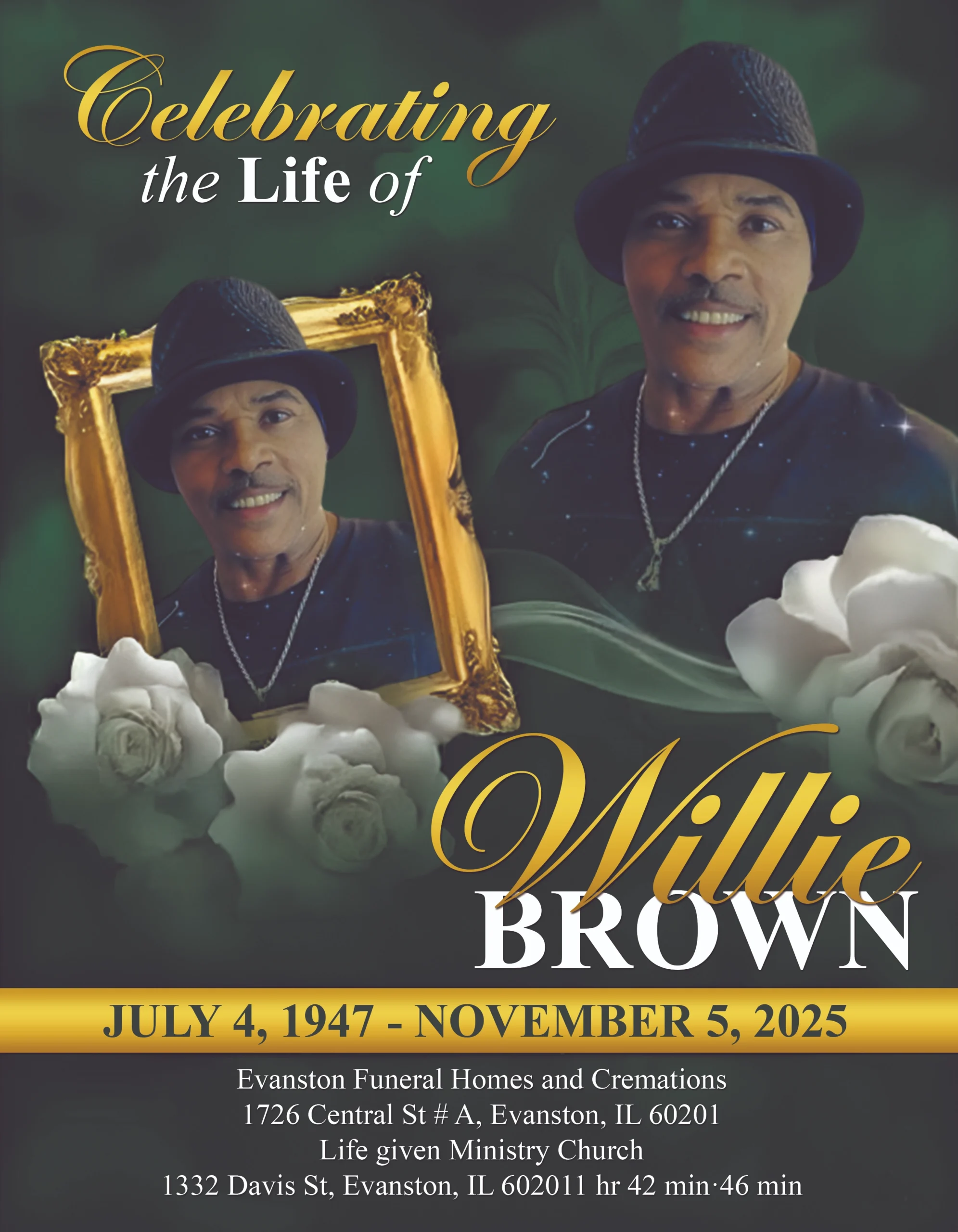 Memorial Tribute Poster with multiple portraits, floral design, remembrance dates and funeral service details