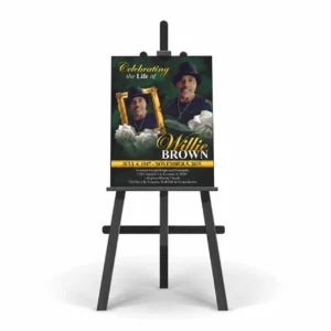 Memorial Tribute Poster displayed on easel with multiple memorial portraits, flowers and service details