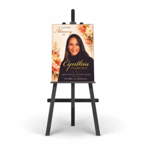 Memorial Welcome Sign displayed on easel with floral styling, memorial portrait and remembrance dates