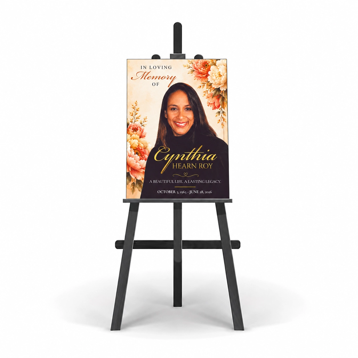 Memorial Welcome Sign displayed on easel with floral styling, memorial portrait and remembrance dates