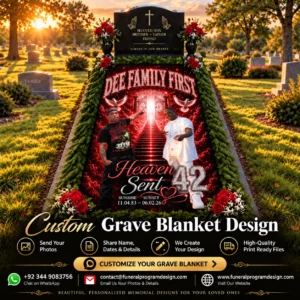 Personalized Grave Blanket Design with multiple memorial photos, heaven gates, remembrance dates and custom tribute artwork