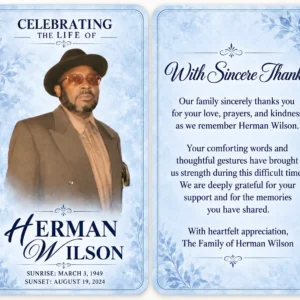 Memorial Thank You Card with personalized portrait, remembrance dates and family appreciation message