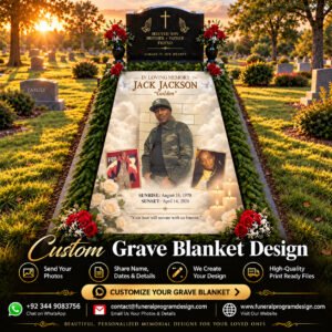 Personalized Memorial Grave Cover with multiple memorial photos, white roses, candles, doves and remembrance dates