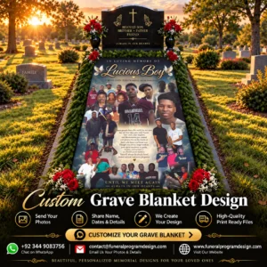 Photo Collage Grave Blanket with multiple memorial photos, personalized tribute wording and white doves