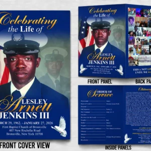 4 Page Funeral Program With Order of Service for Lesley Annett Jenkins III featuring obituary American flag family photo collage and blue gold memorial design