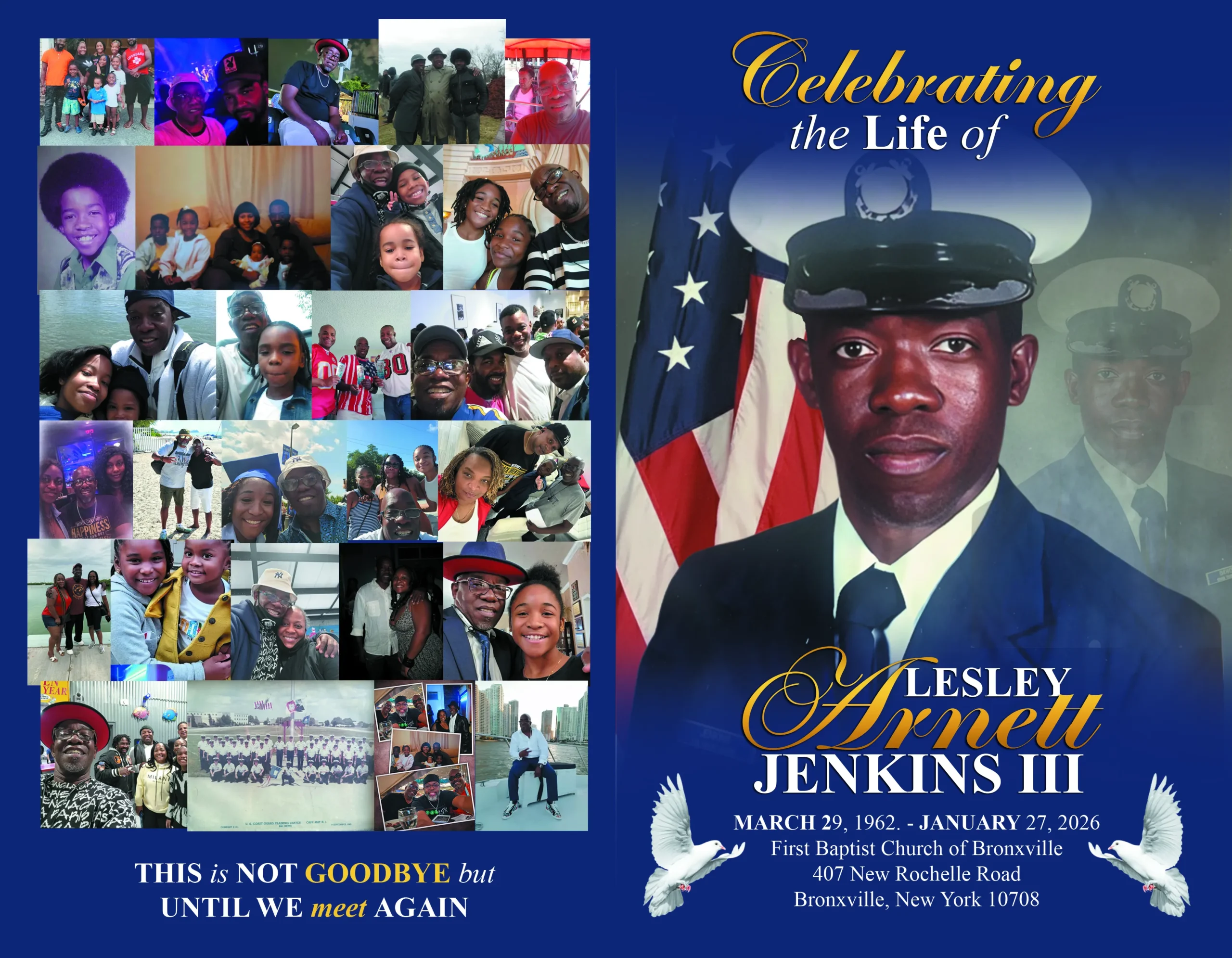 4 Page Funeral Program With Order of Service for Lesley Annett Jenkins III featuring obituary American flag family photo collage and blue gold memorial design