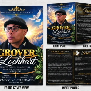 4 Page Homegoing Celebration Program for Grover Lockhart with black and gold heavenly cover Life and Legacy Order of Service and family acknowledgment