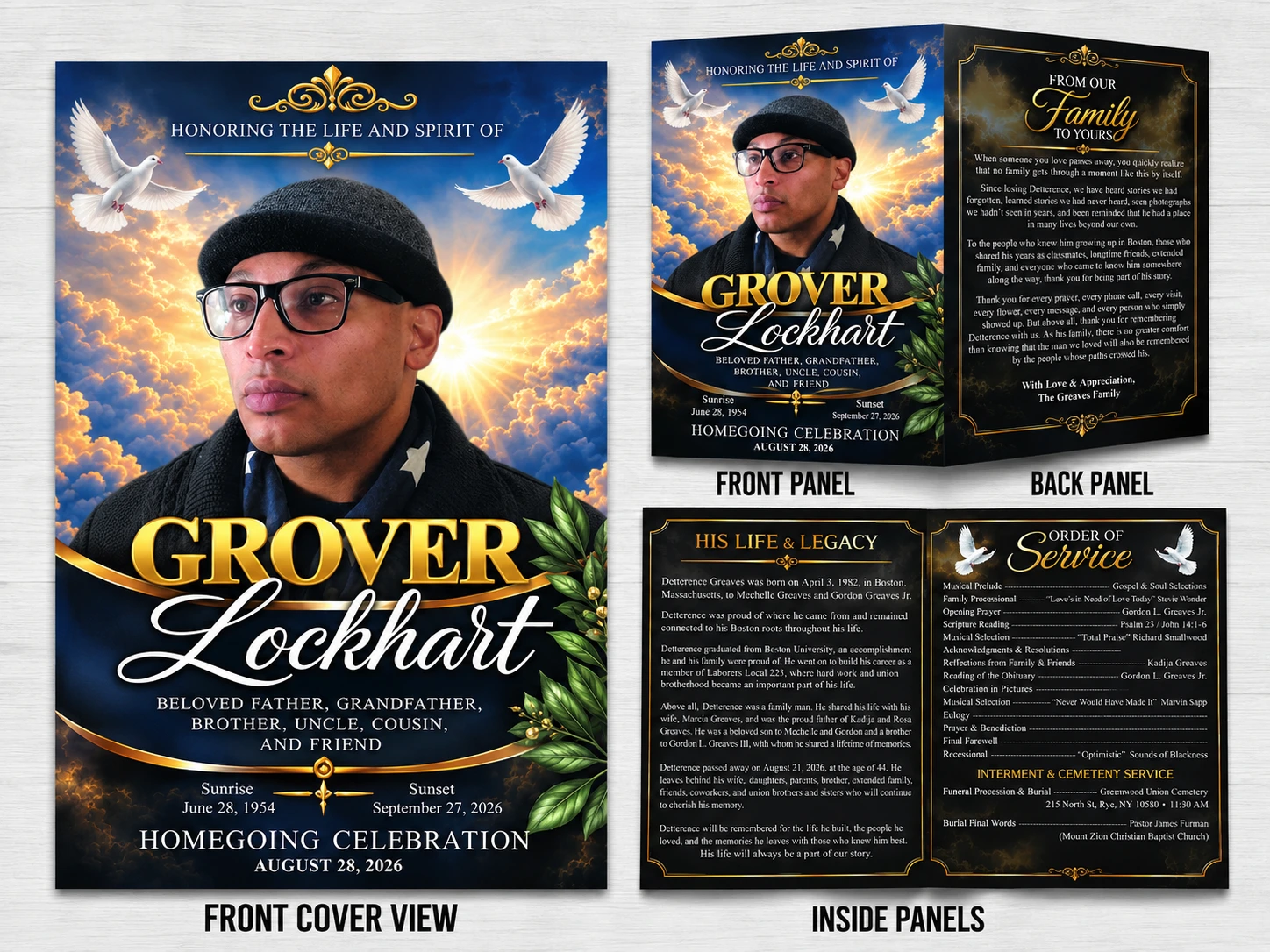 4 Page Homegoing Celebration Program for Grover Lockhart with black and gold heavenly cover Life and Legacy Order of Service and family acknowledgment