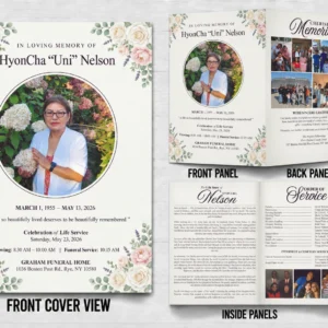 4 Page Memorial Service Program for HyonCha Uni Nelson with floral cover life story order of service family photos acknowledgment and funeral details