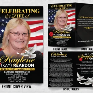 4 Page Obituary Funeral Program for Kaylene Kay Reardon with black and gold cover obituary acknowledgment memorial poem and Farewell Remembrance details