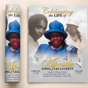 Apostolic Memorial Flyer for Apostle Emma Lee Luckett at Greater Allen Chapel AME Church in Melbourne Florida with white doves and multiple photos