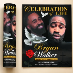 Black Funeral Flyer for Bryan Walker with gold lettering, white doves, red rose and Turks Funeral Home Cleveland Ohio information