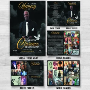 Black Funeral Program for Reverend Clarence Eugene Kemp at Divinity Funeral Home in East Chicago Indiana with 8 page memorial booklet