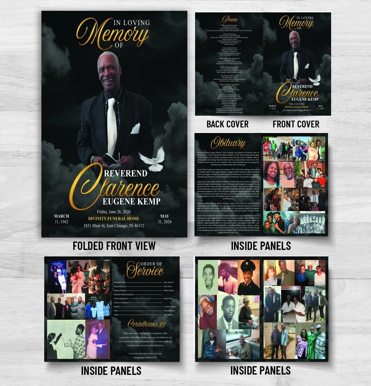 Black Funeral Program for Reverend Clarence Eugene Kemp at Divinity Funeral Home in East Chicago Indiana with 8 page memorial booklet